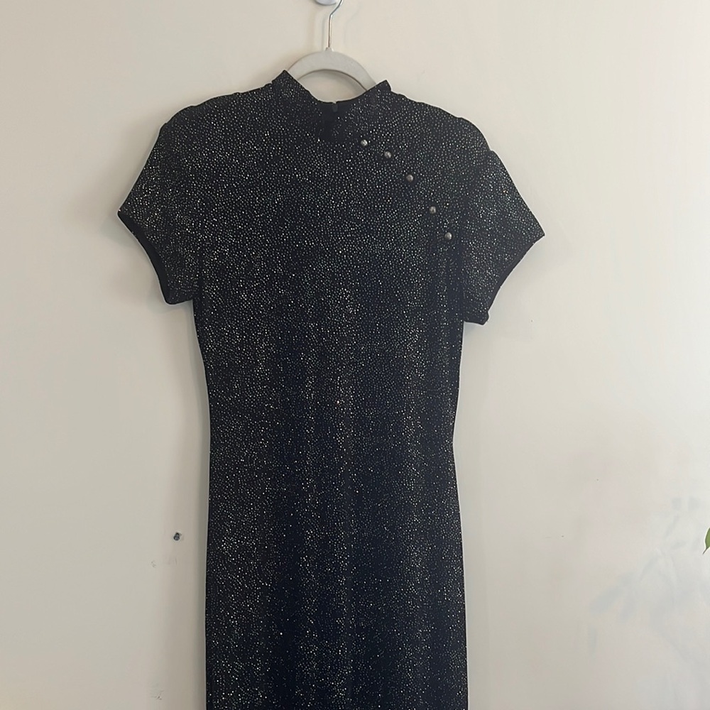 Rhapsody Ltd Black Silver Glitter Maxi Dress High Neck‎ Knot Button Cheongsam
